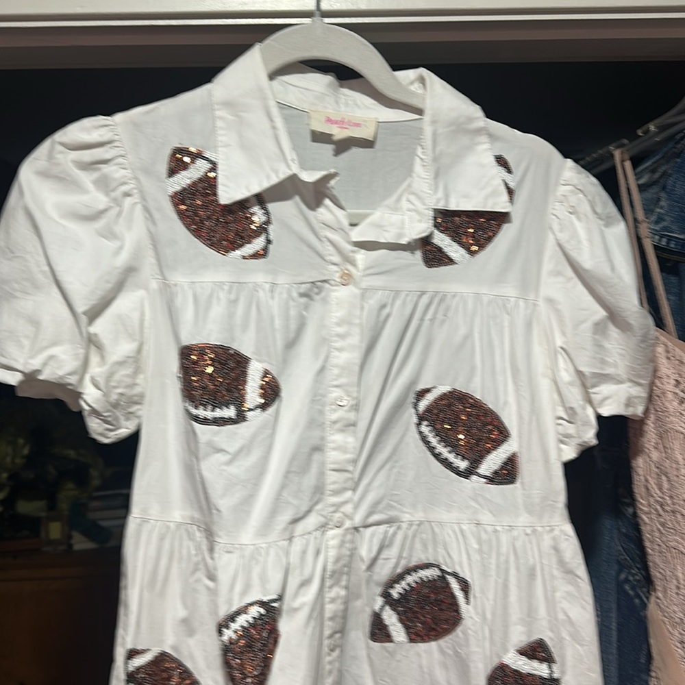 Peach Love Poplin Button Down Tiered Dress with Sequin Footballs - Picture 2 of 5